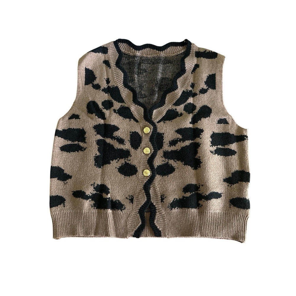 Commense NWT Leopard Print Knit Cardigan Vest Size Medium Brown Black Scalloped - Picture 3 of 7